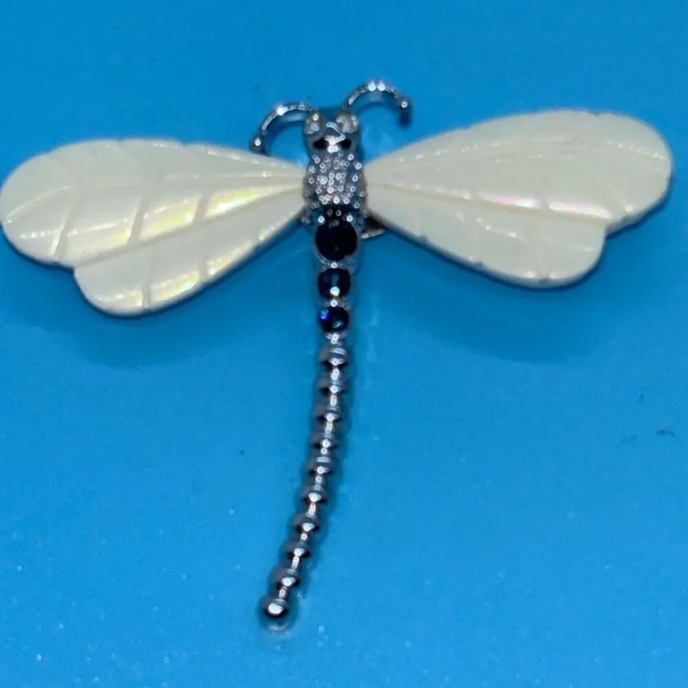 Vtg Joan Rivers Dragonfly pin brooch silver white opal wings crystal body +box